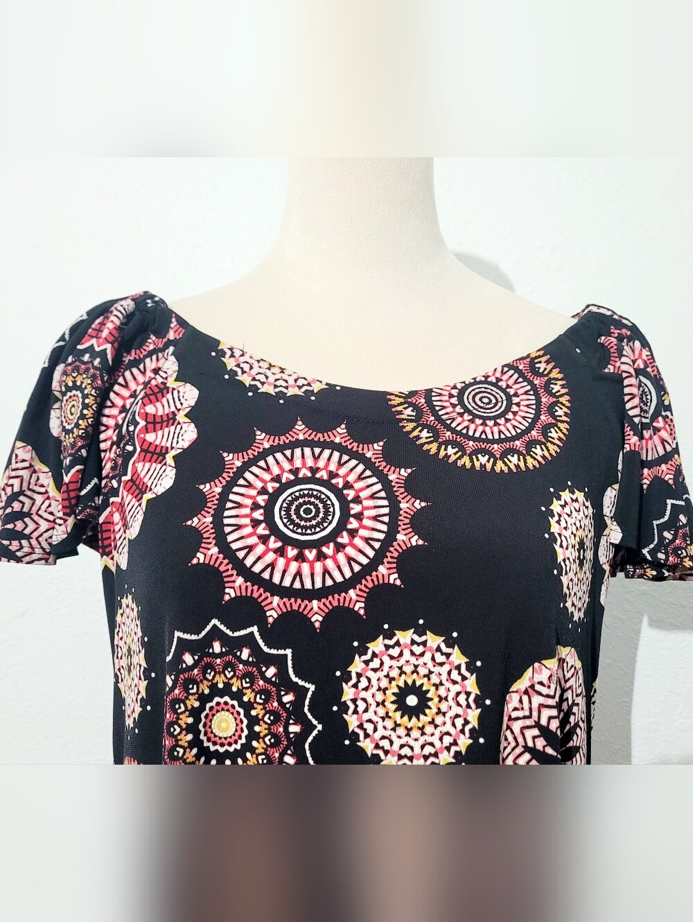 Robbie Bee Dress Medium Black Pink Medallion Print Swing Shift Stretch Casual - Picture 3 of 12